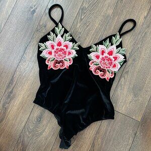 Black Velvet Bodysuit with Floral Appliqué.
